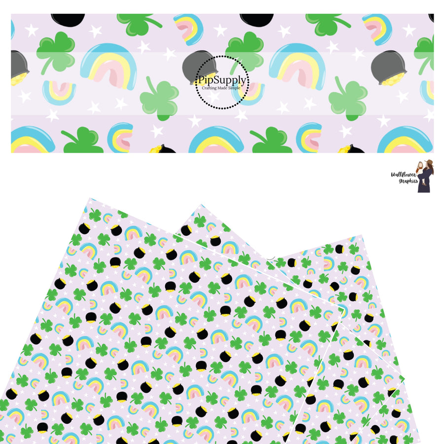 These St. Patrick's Day pattern themed faux leather sheets contain the following design elements: green shamrocks, rainbows, and pots of gold on light purple. Our CPSIA compliant faux leather sheets or rolls can be used for all types of crafting projects.