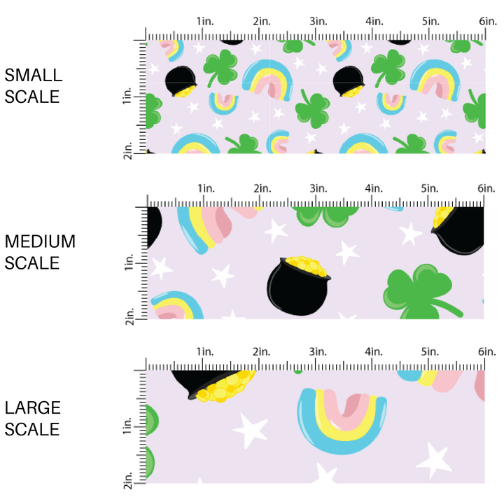 Rainbows, Shamrocks, Pots of Gold, and Stars on Purple Fabric by the Yard scaled image guide.