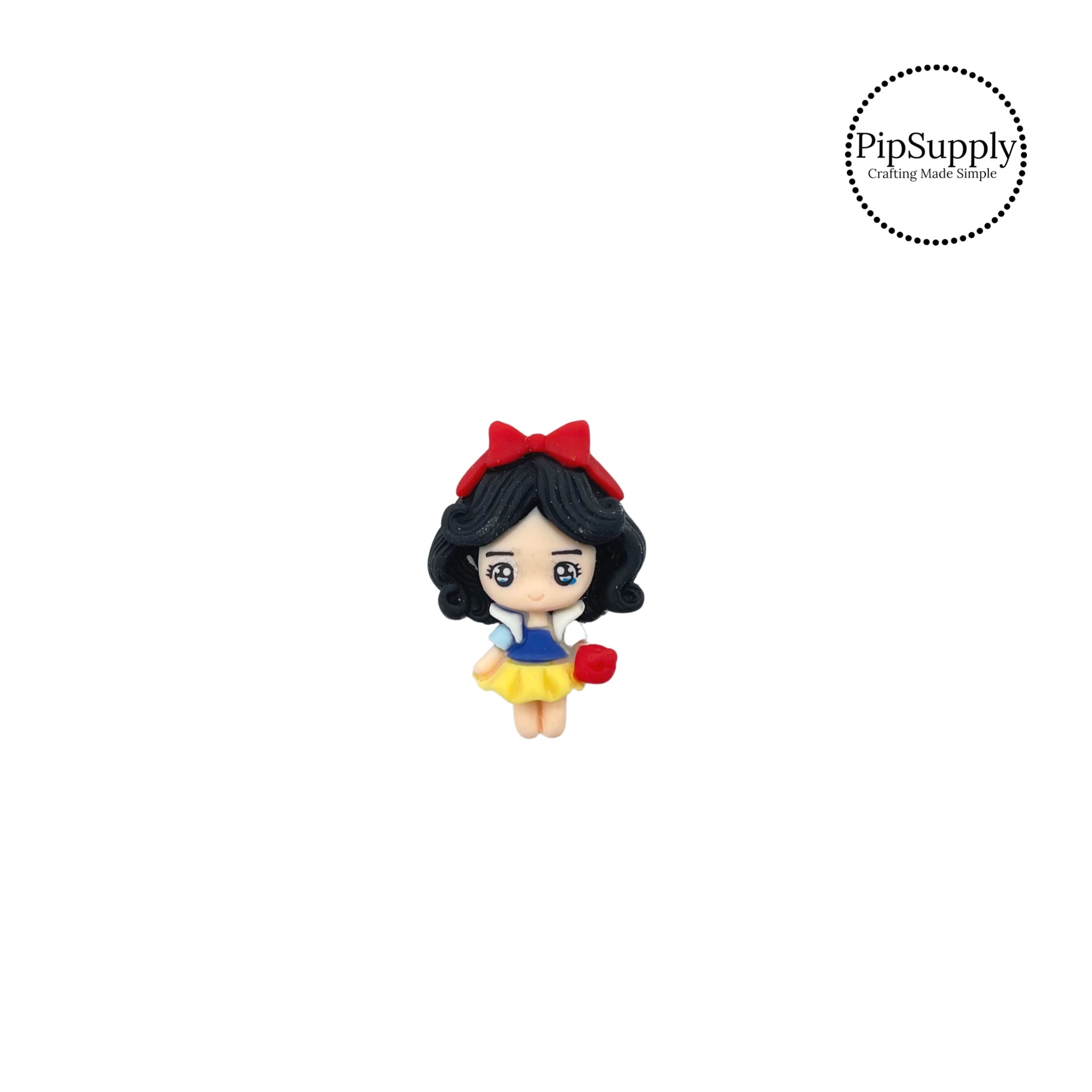 Black hair with red bow, blue and yellow dress, with red flower princess flat back resin embellishment