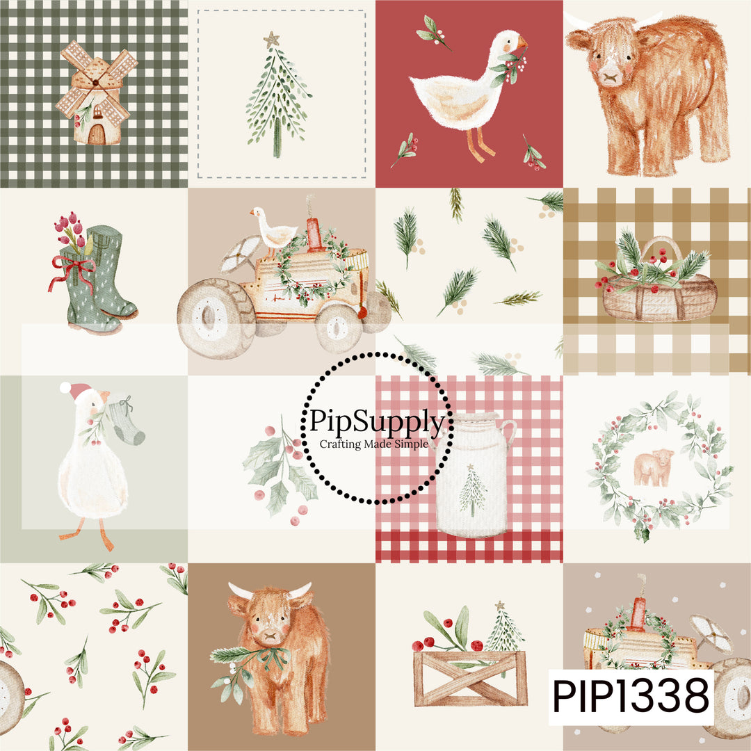 A whimsical farmhouse Christmas patchwork filled with softly illustrated holiday scenes, including fluffy Highland cows, festive geese, a vintage tractor, rustic windmill, rain boots filled with winter greenery, evergreen Christmas trees, holly berries, pine sprigs, wooden crates, and woven baskets. Each illustration is arranged in its own patchwork-style square with coordinating gingham and botanical prints throughout. A warm palette of sage green, cranberry red, dusty rose, camel brown, cream, and soft ne