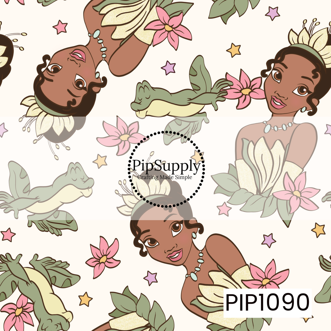 A whimsical seamless pattern featuring a graceful princess inspired by a classic bayou fairy tale, surrounded by playful frogs, blooming pink lilies, lush green leaves, and scattered pastel stars. Set against a soft cream background, the warm earthy tones and floral details create a magical storybook design with a charming southern fairytale feel.
