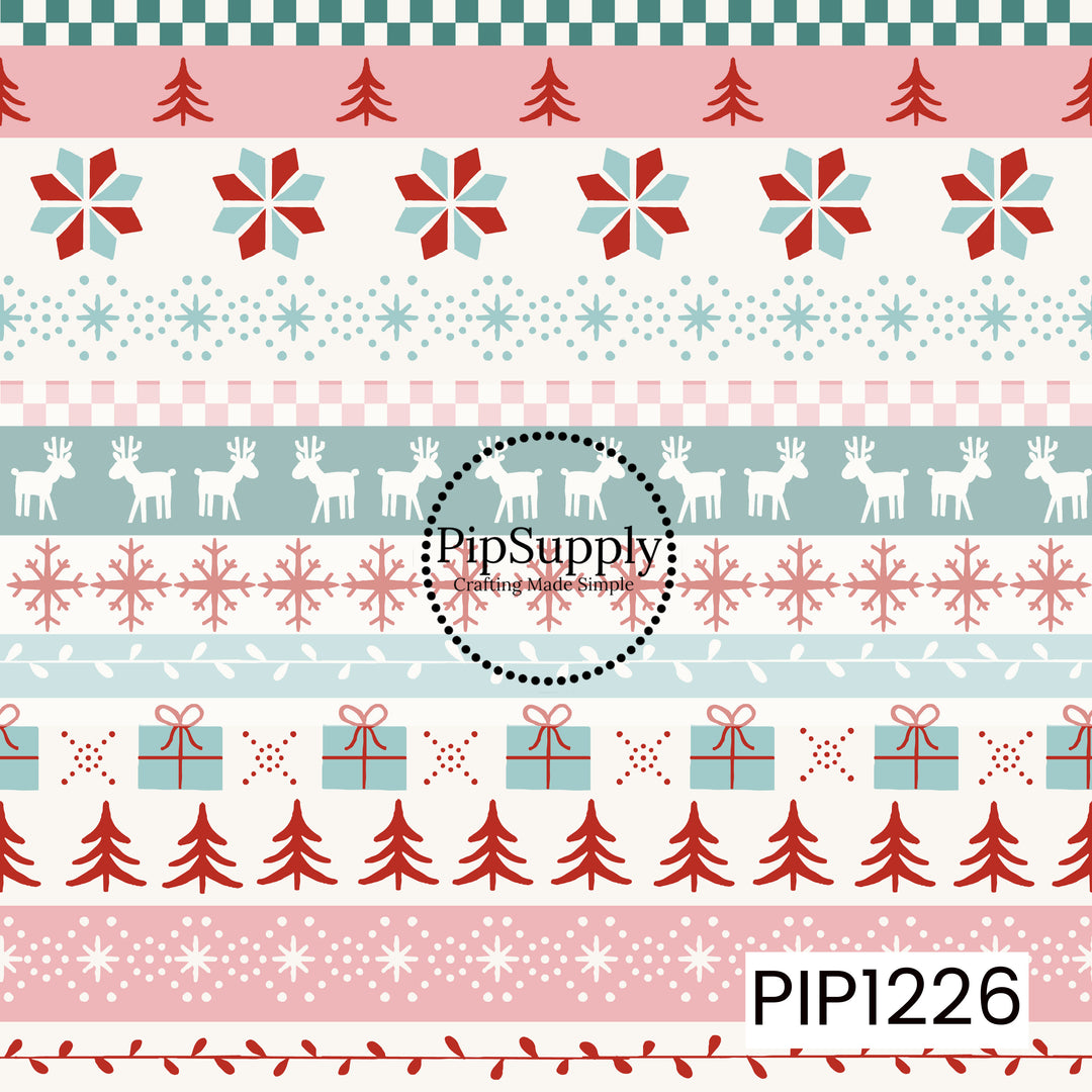 A festive fair isle inspired pattern featuring rows of Christmas trees, snowflakes, reindeer, wrapped gifts, checkerboard accents, and leafy details. Soft pink, icy blue, teal, red, and cream create a playful pastel twist on a classic cozy Christmas design.
