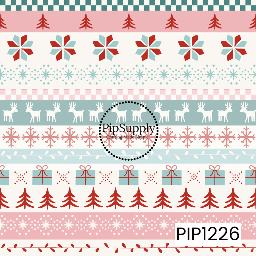 A festive fair isle inspired pattern featuring rows of Christmas trees, snowflakes, reindeer, wrapped gifts, checkerboard accents, and leafy details. Soft pink, icy blue, teal, red, and cream create a playful pastel twist on a classic cozy Christmas design.
