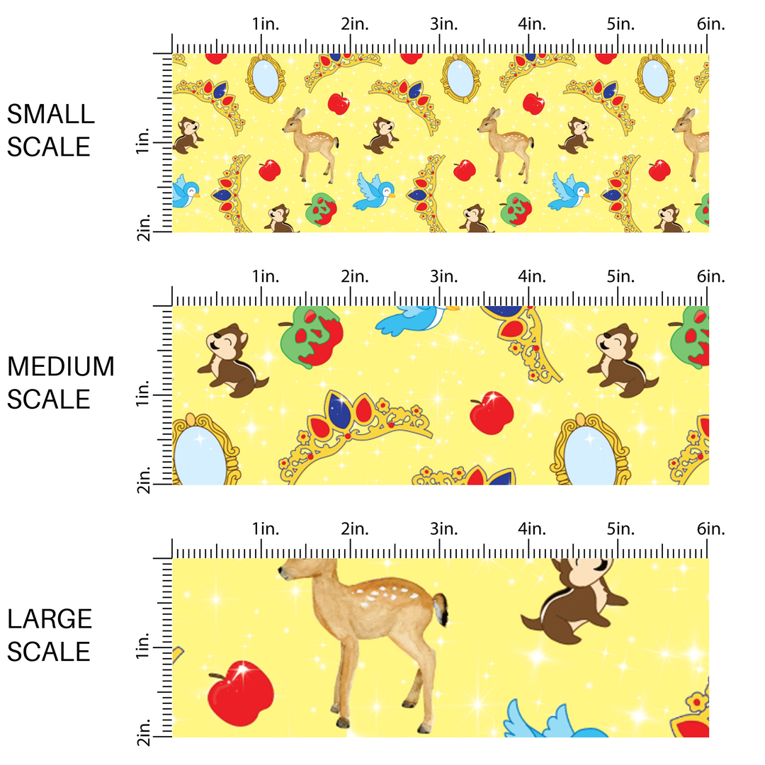 Yellow fabric by the yard scaled image guide with animals, apples, tiaras, and mirrors.