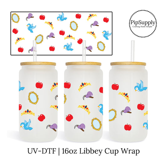 16 oz. Libbey cup wrap with poison apples, birds, tiaras, and mirrors.