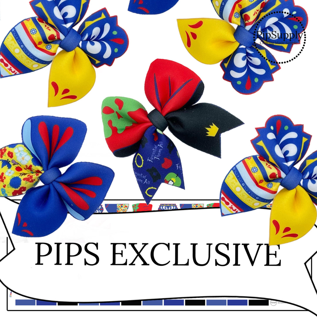 blue and yellow poison apple and dwarf movie themed neoprene diy hair bows