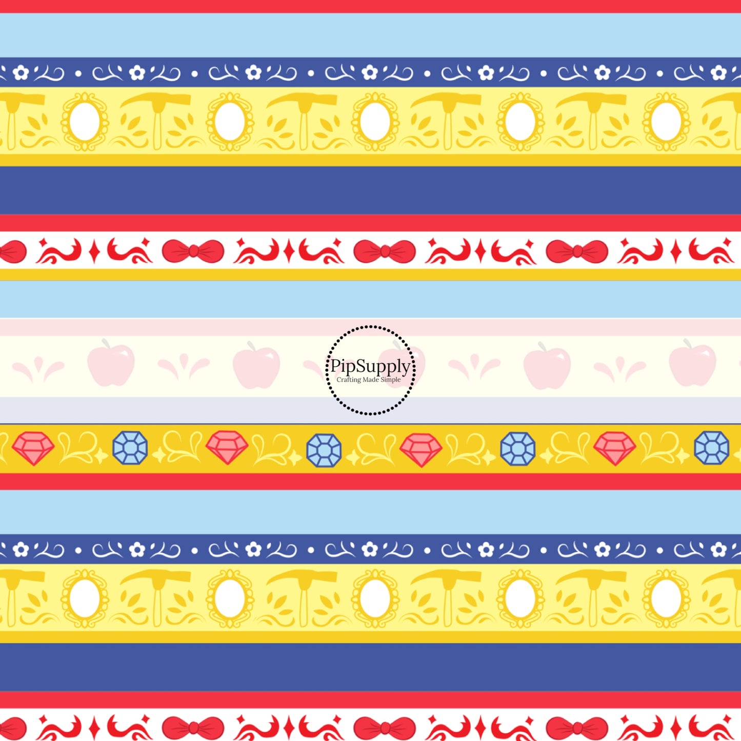 Red, blue, and yellow princess striped fabric by the yard with diamonds. mirrors, and florals.