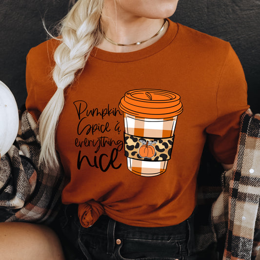 "Pumpkin Spice & Everything Nice" and plaid latte cup iron on heat transfer.
