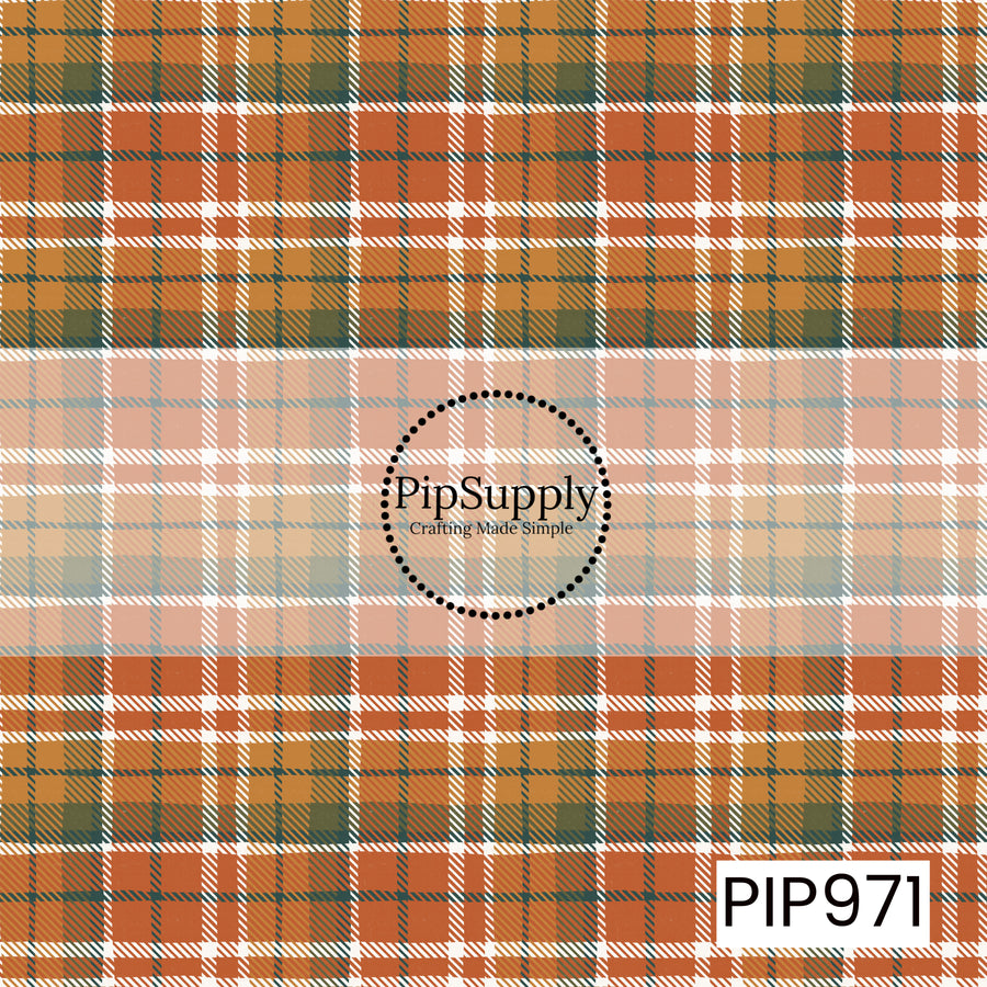 A classic autumn plaid featuring warm pumpkin orange, golden mustard, olive green, cream, and deep charcoal lines in a timeless check pattern. The layered colors and distressed texture create a cozy, vintage-inspired fall look.
