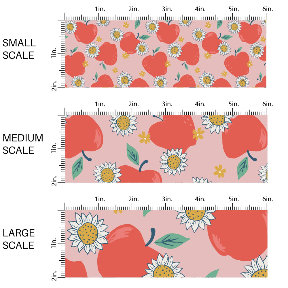 Scaling sizes for fabric by the yard falling apples and daisies on pink fabric 