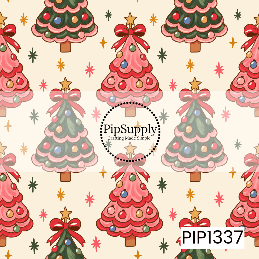 A whimsical retro Christmas pattern featuring alternating pink and deep forest green trees with soft scalloped layers and hand-painted detailing. Each tree is decorated with colorful red, pink, blue, green and golden ornaments, finished with oversized red ribbon bows and golden star toppers. Playful starbursts in pink, mustard, green and orange are scattered across the warm cream background, giving the design a cheerful vintage holiday feel.