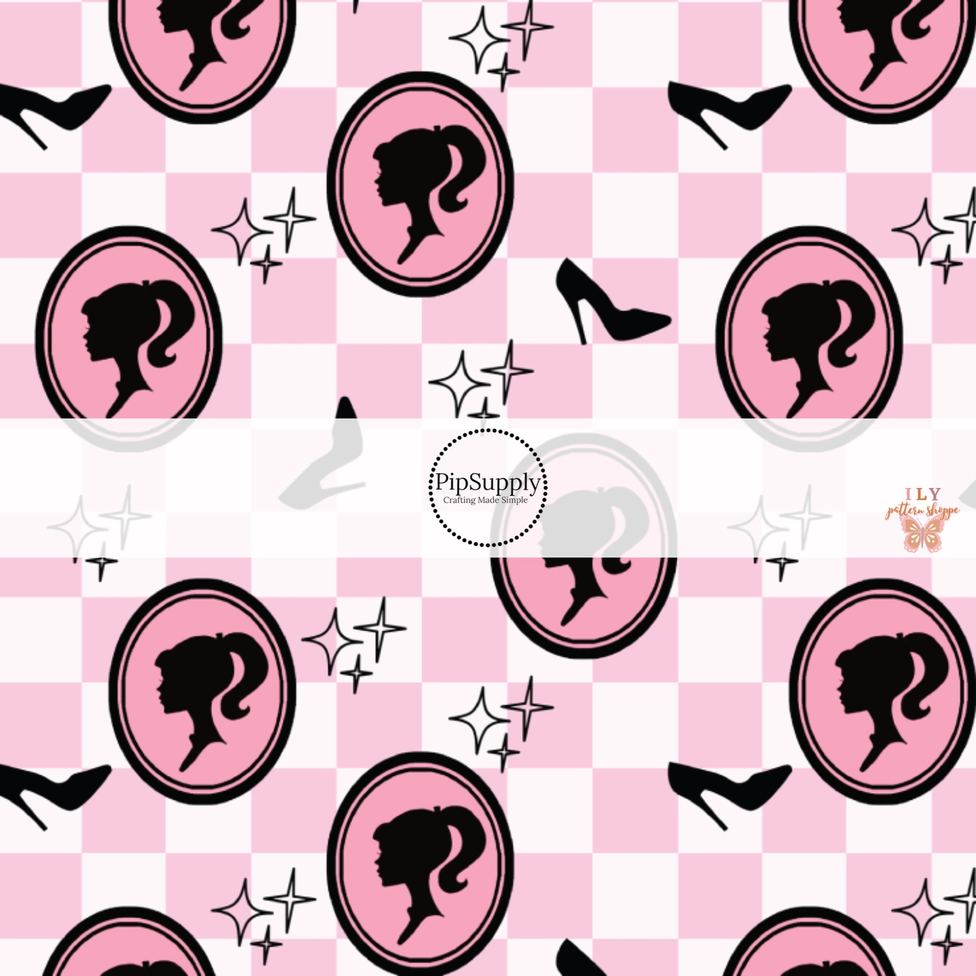 White and light pink checkered print with a girl doll and high heel silhouette print fabric by the yard.
