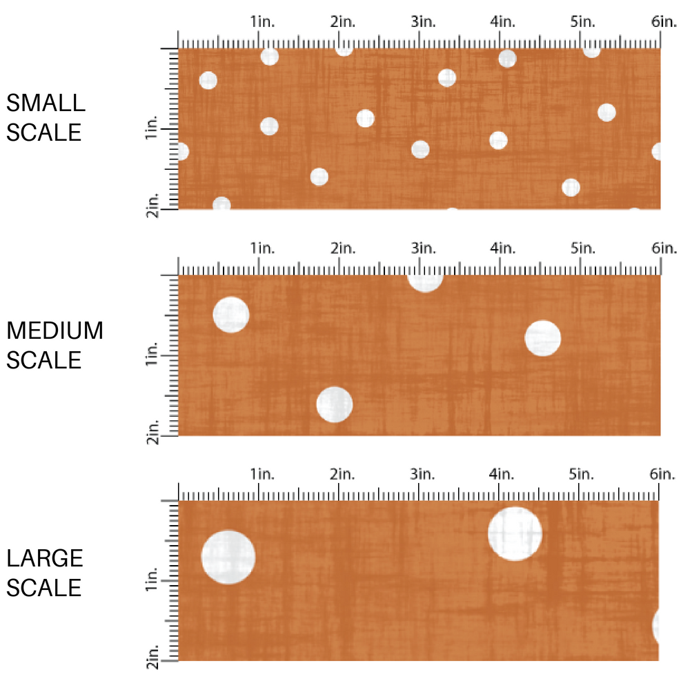 Orange faux linen fabric by the yard scaled image guide with white scattered dots.