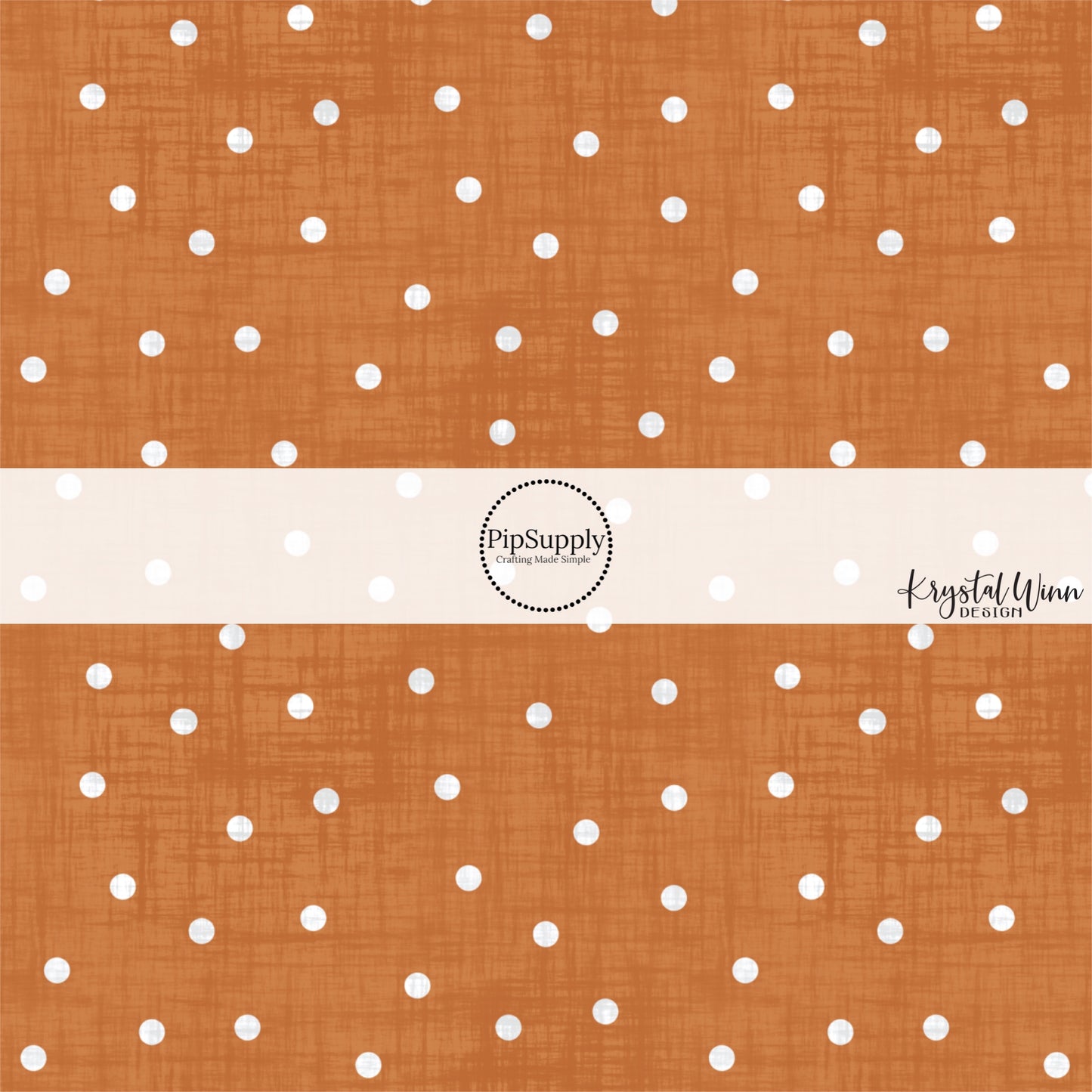 Orange faux linen fabric by the yard with white scattered dots.