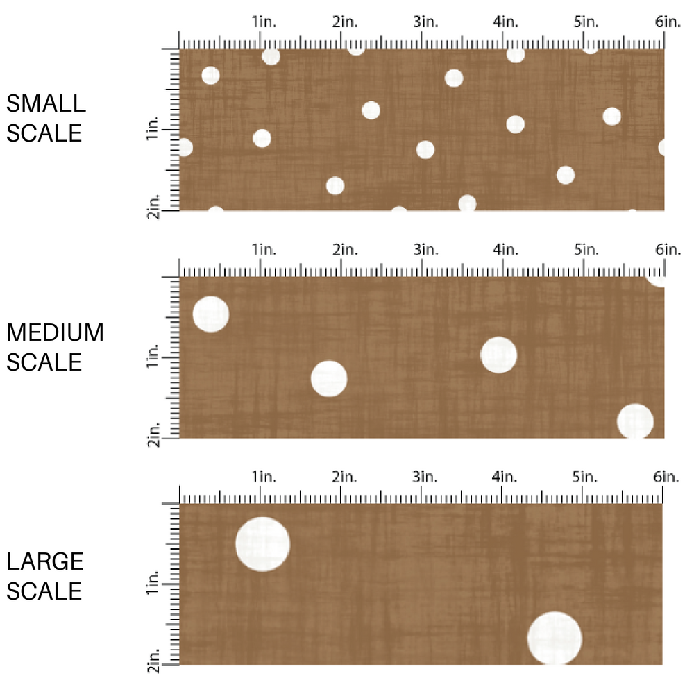 Brown faux linen fabric by the yard scaled image guide with white scattered dots.