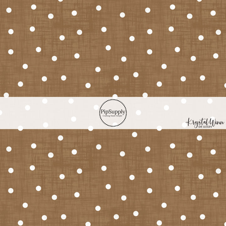 Brown faux linen fabric by the yard with white scattered dots.