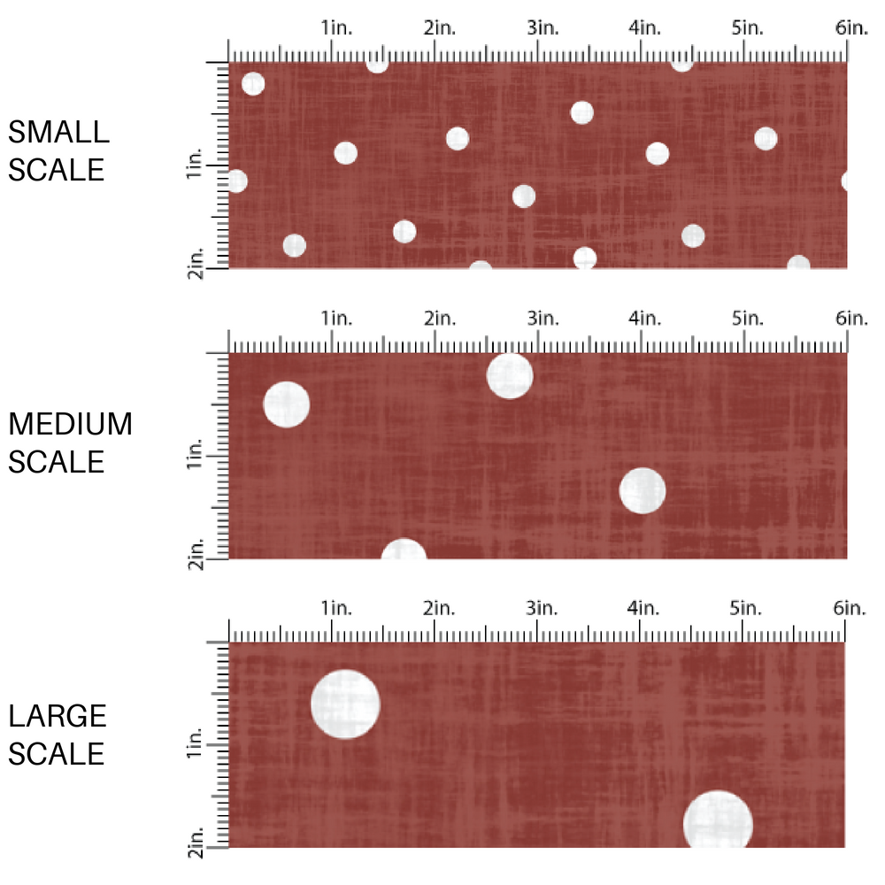 Mahogany red faux linen fabric by the yard scaled image guide with white scattered dots.