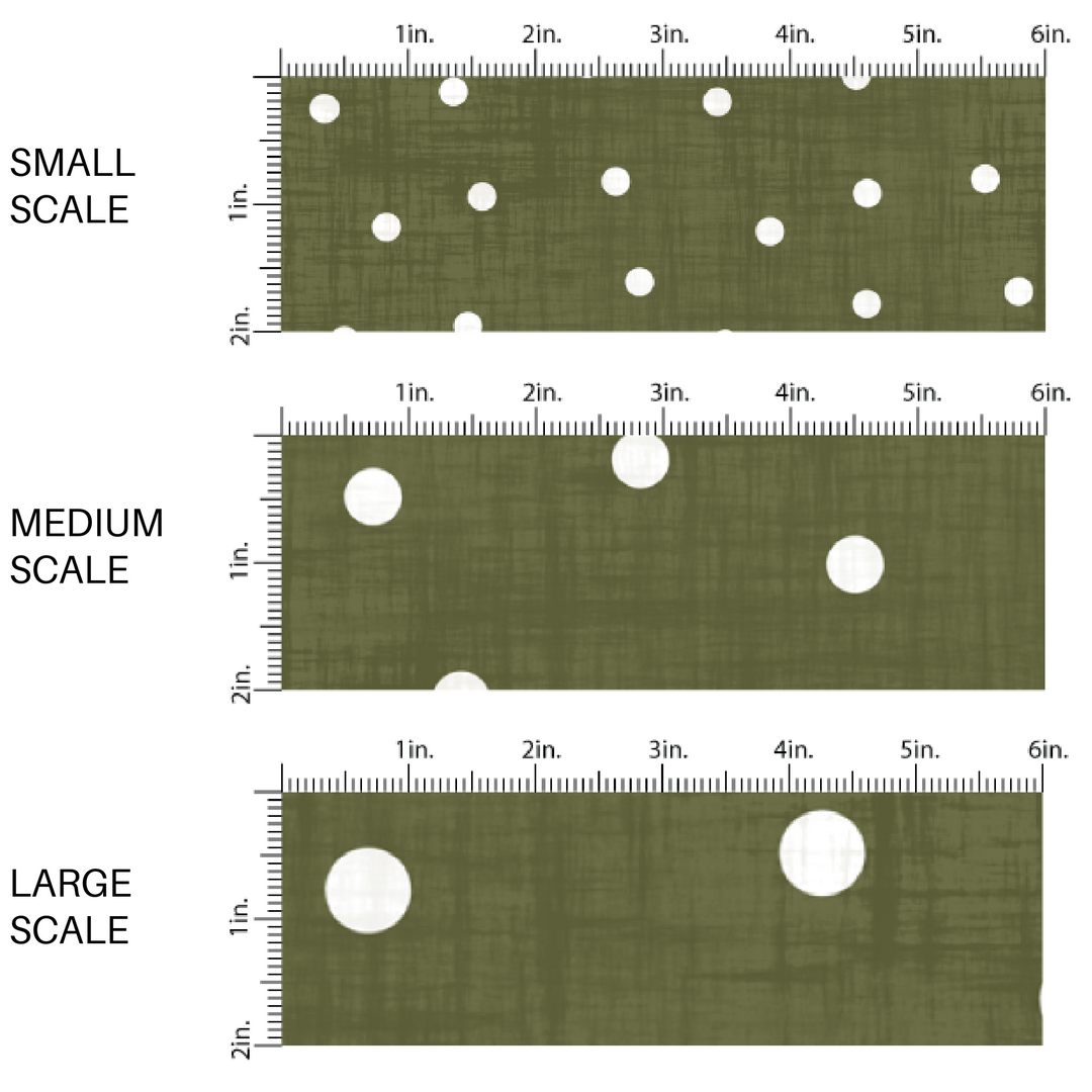 Green Faux linen fabric by the yard scaled image guide with white scattered dots.