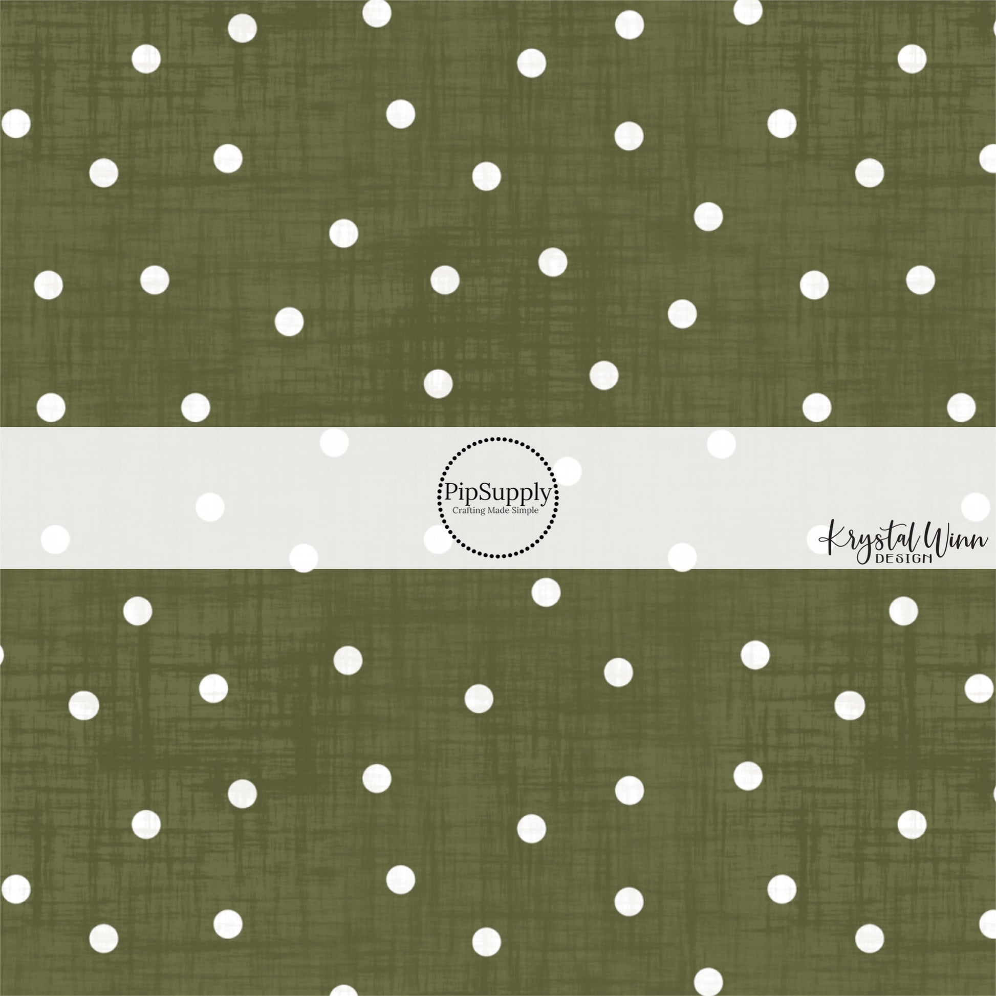 Green Faux linen fabric by the yard with white scattered dots.