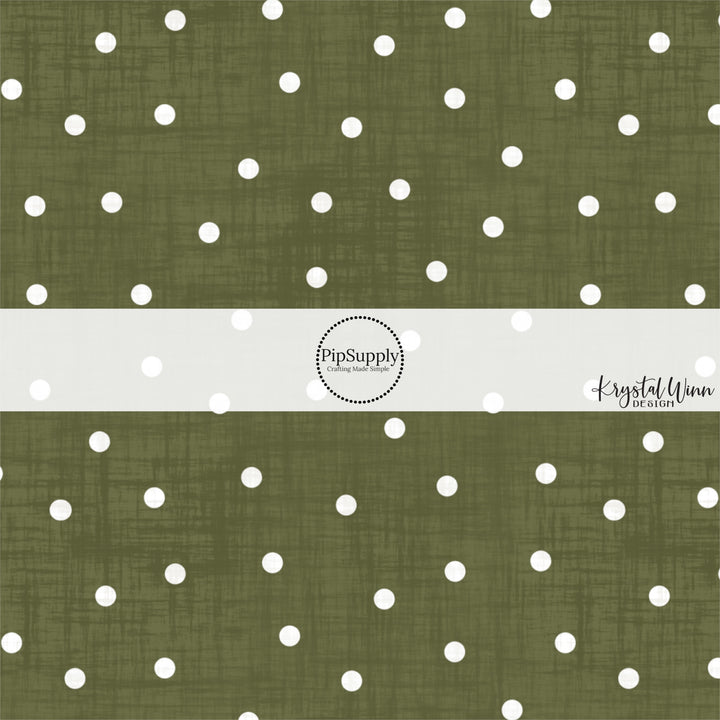 Green Faux linen fabric by the yard with white scattered dots.