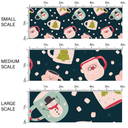 This scale chart of small scale, medium scale, and large scale of these holiday pattern themed fabric by the yard features light pink and light blue mugs surrounded by marshmallows on dark blue. This fun Christmas fabric can be used for all your sewing and crafting needs!