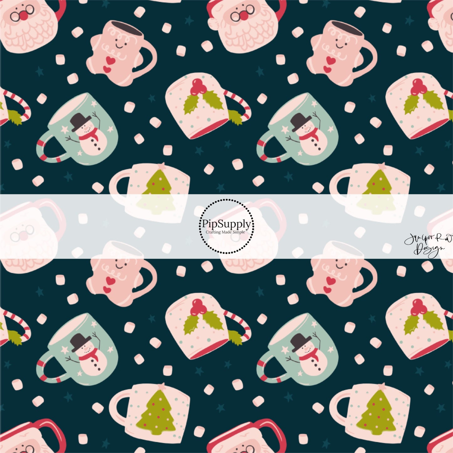 These holiday pattern themed fabric by the yard features light pink and light blue mugs surrounded by marshmallows on dark blue. This fun Christmas fabric can be used for all your sewing and crafting needs!