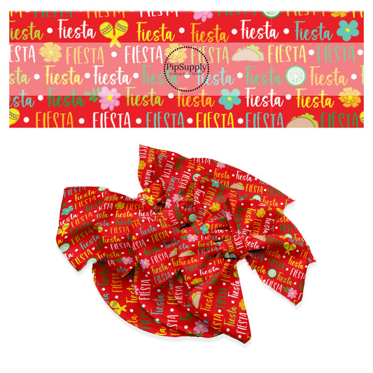 These fiesta pattern themed no sew bow strips can be easily tied and attached to a clip for a finished hair bow. These patterned bow strips are great for personal use or to sell. These bow strips features "Fiesta" in bright colors on red.
