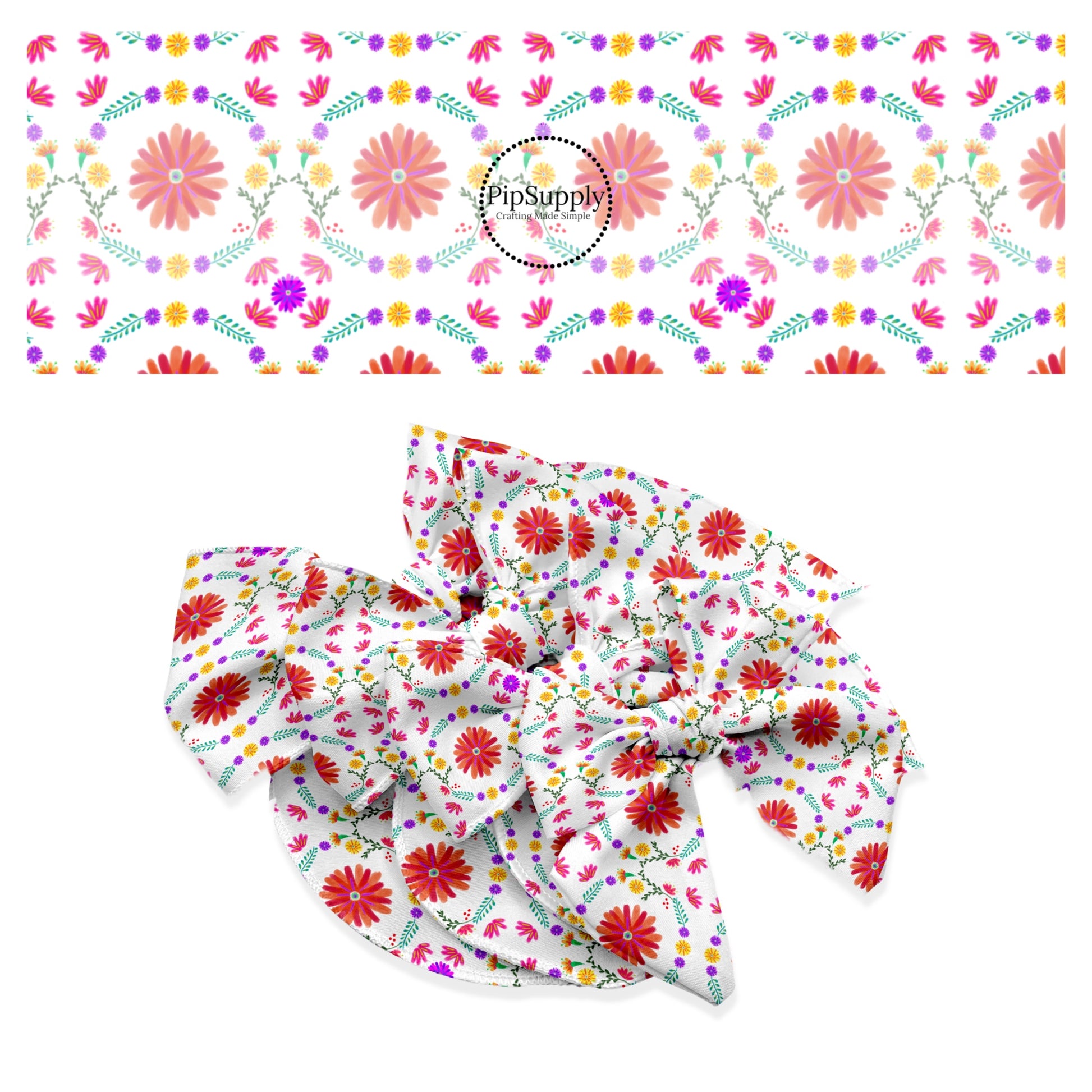 These fiesta floral pattern themed no sew bow strips can be easily tied and attached to a clip for a finished hair bow. These patterned bow strips are great for personal use or to sell. These bow strips features beautiful red flowers surrounded by tiny flowers and leaves on white.