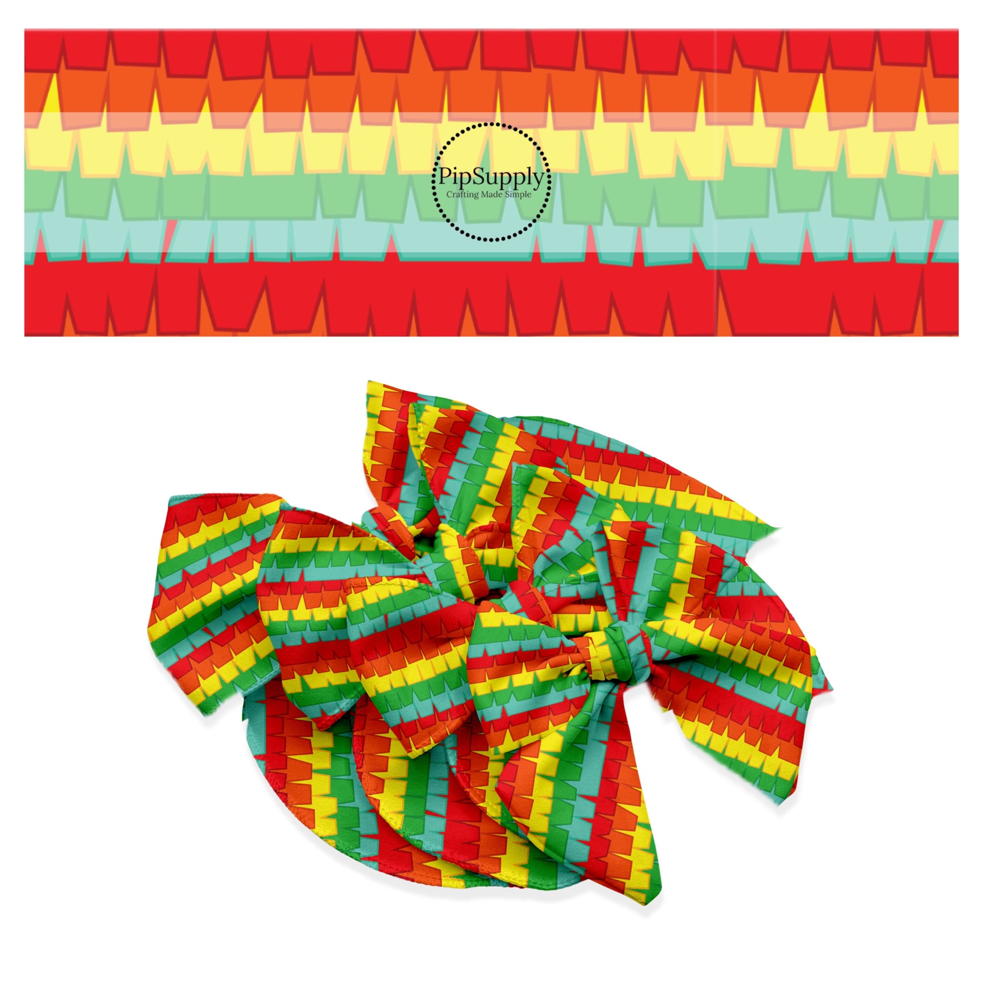 These fiesta stripe pattern themed no sew bow strips can be easily tied and attached to a clip for a finished hair bow. These patterned bow strips are great for personal use or to sell. These bow strips features bright colored fringe stripe pattern.