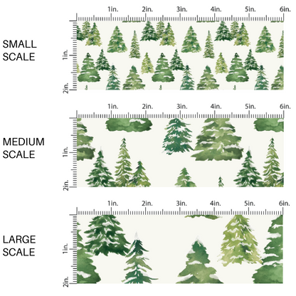 Green fir trees on white fabric by the yard scaled image guide.