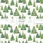 Green fir trees on white fabric by the yard.