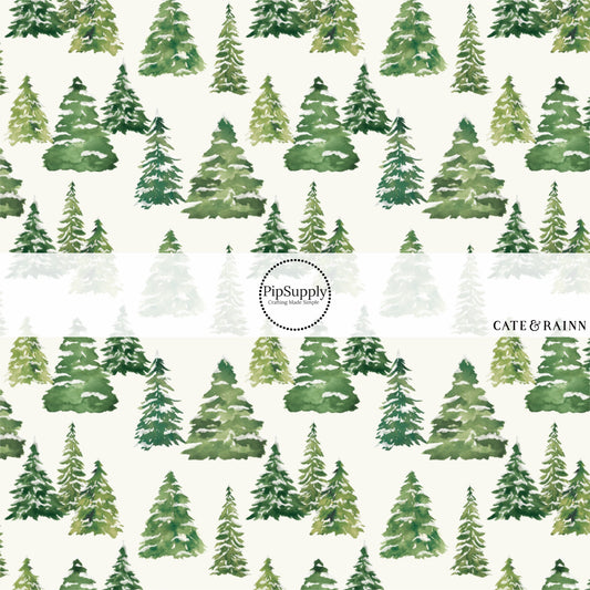 Green fir trees on white fabric by the yard.
