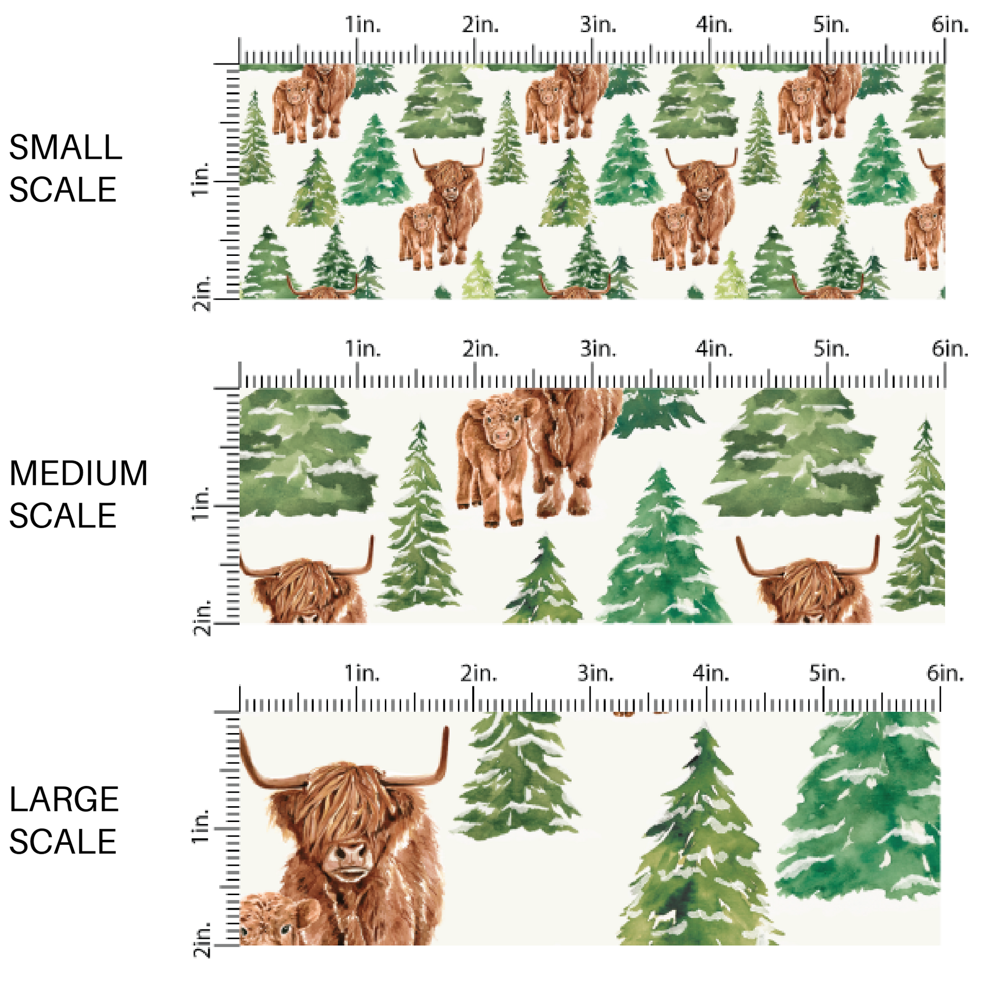 Fir trees and highland cows on white fabric by the yard scaled image guide.