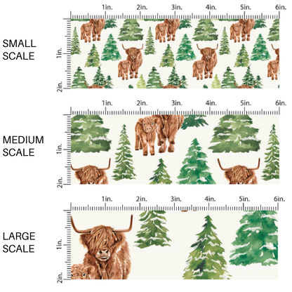Fir trees and highland cows on white fabric by the yard scaled image guide.