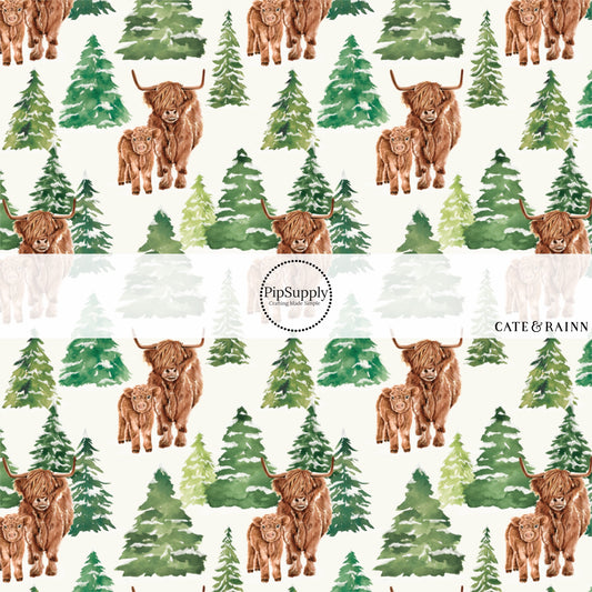 Fir trees and highland cows on white fabric by the yard.