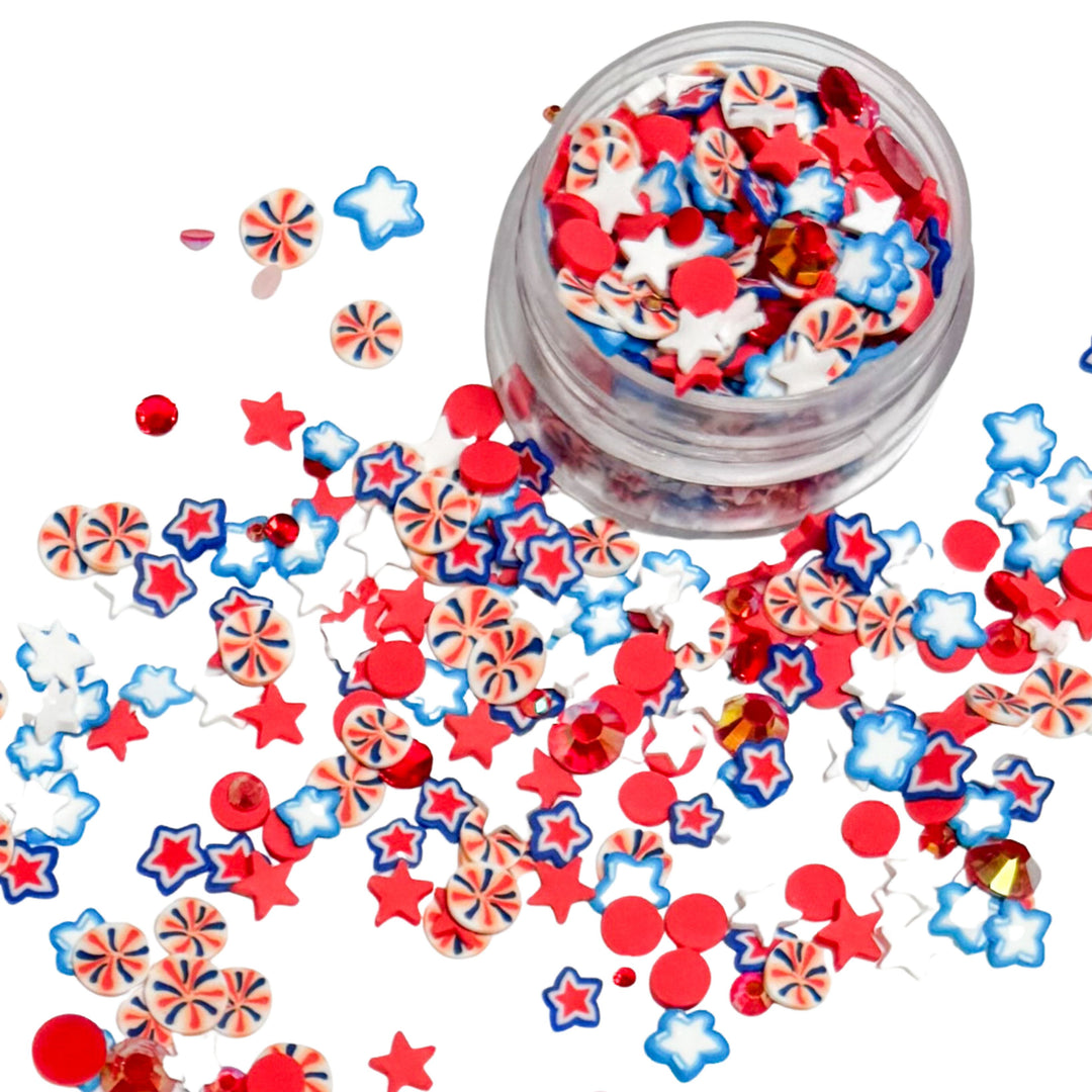 clay pieces in shapes of fireworks, red white and blue stars, and red rhinestones
You can use it to add sparkle and decoration to resin projects, filling for shaker bows, slime making, party decor, scrapbooking, card making and nail art.
One bag is 1 oz
Bags are resealable for repetitive use