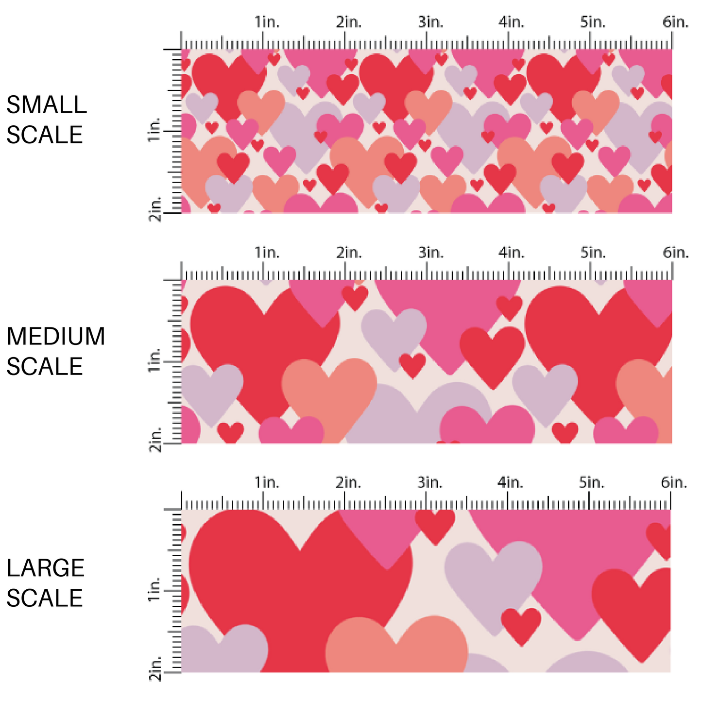 Pink, Red, Purple, and Peach Scattered Heart Fabric by the Yard scaled image guide.