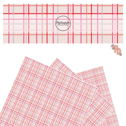 These Valentine's pattern themed faux leather sheets contain the following design elements: pink, purple, and red plaid on cream. Our CPSIA compliant faux leather sheets or rolls can be used for all types of crafting projects.