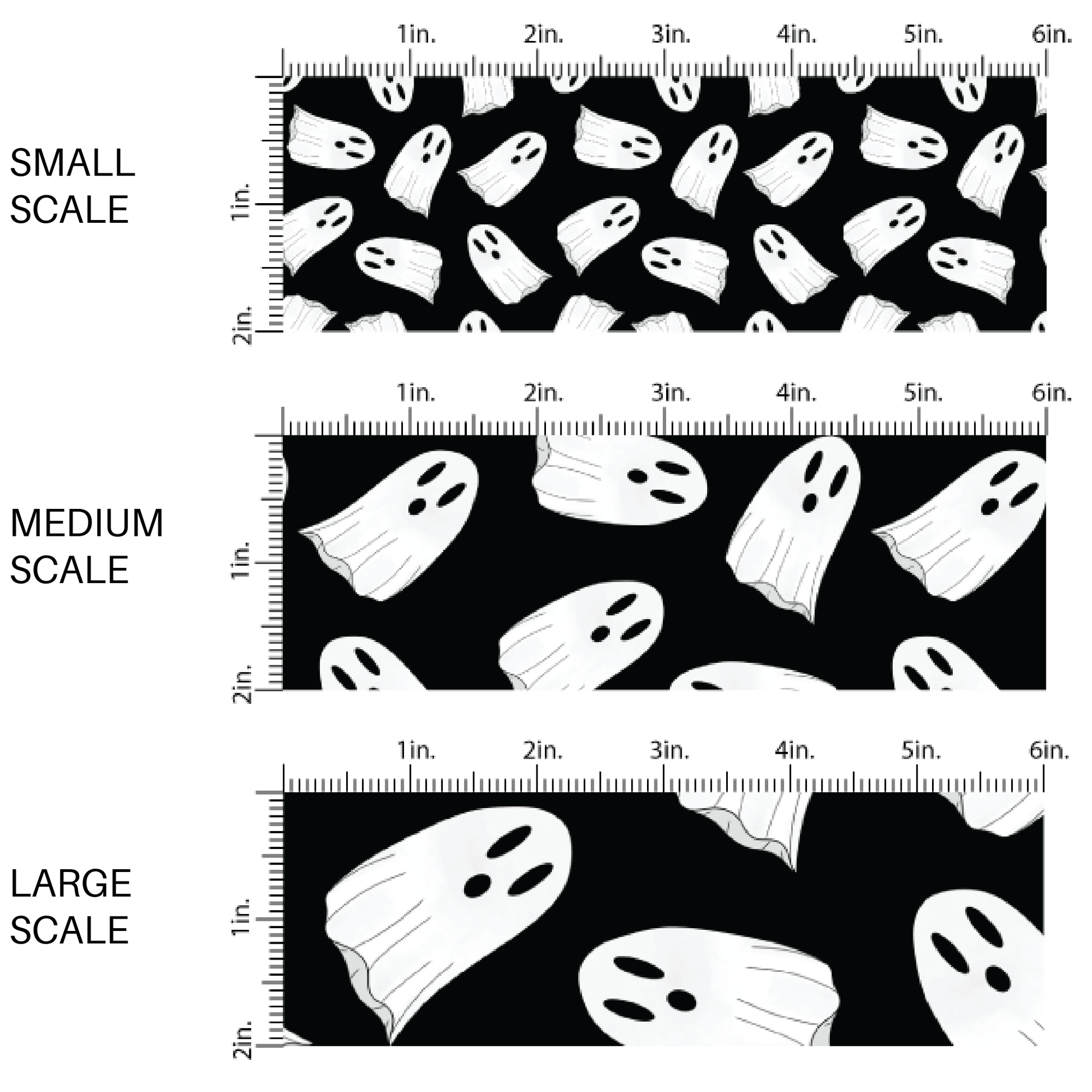 White spooky ghosts on black fabric by the yard scaled image guide.