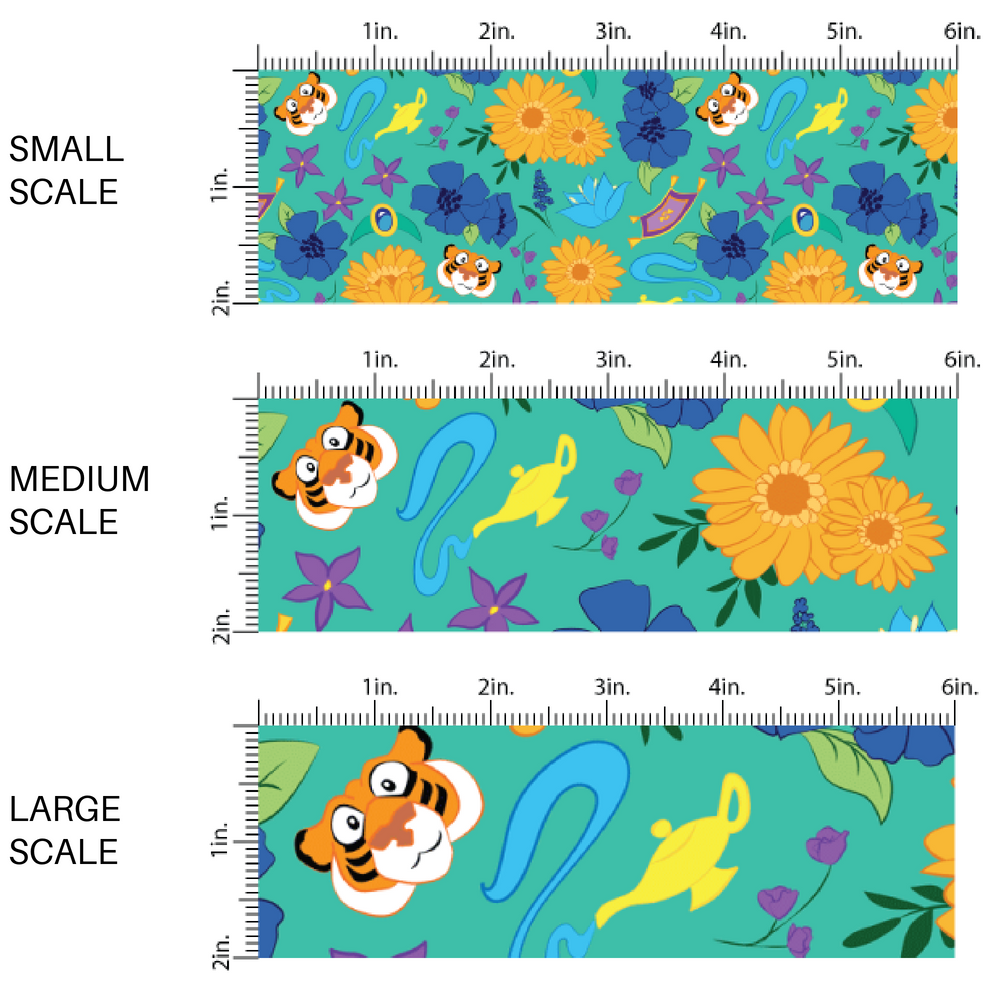 Teal princess fabric by the yard scaled image guide with tigers, florals, genies, and flying carpets.
