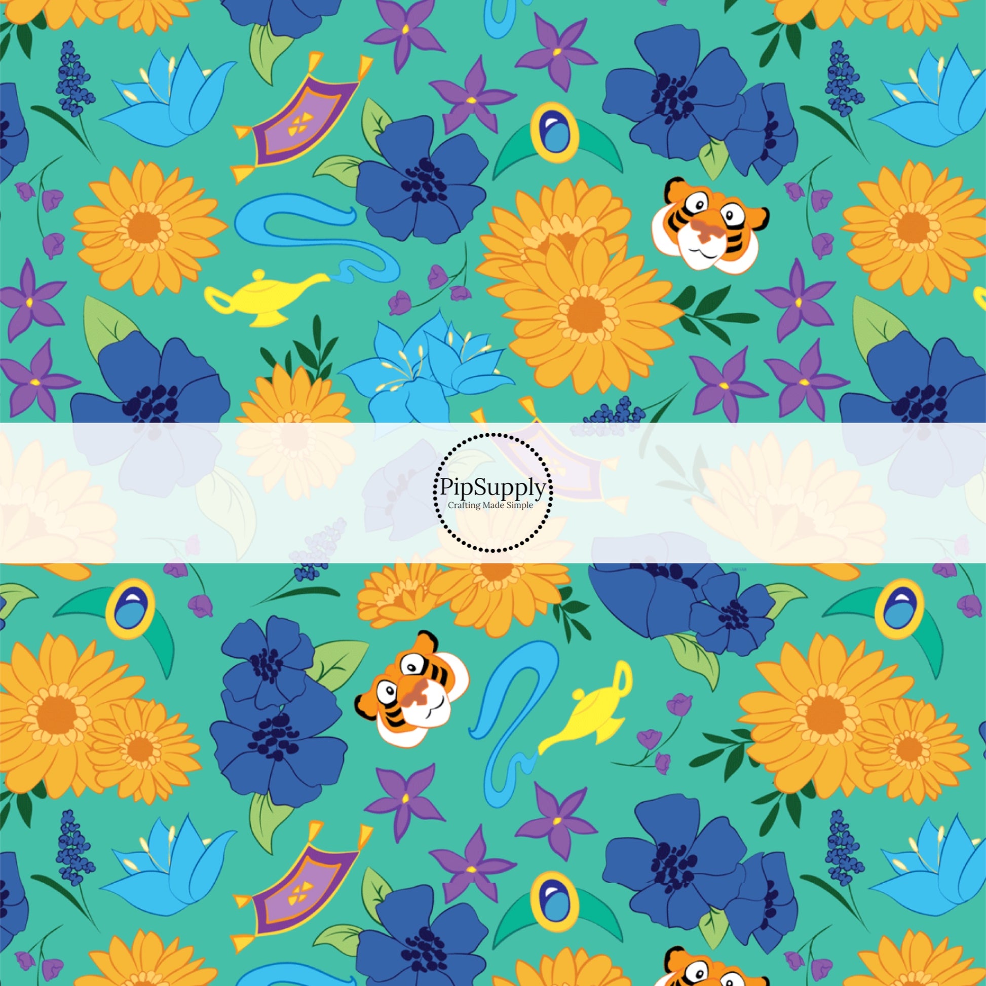 Teal princess fabric by the yard with tigers, florals, genies, and flying carpets.
