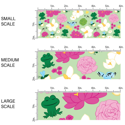 Green fabric by the yard scaled image guide with frogs, florals, and musical instruments.