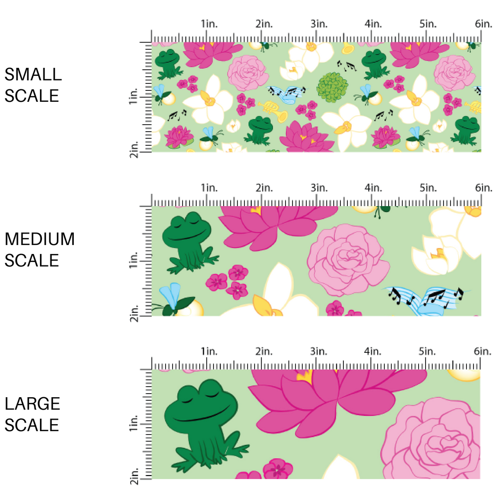 Green fabric by the yard scaled image guide with frogs, florals, and musical instruments.