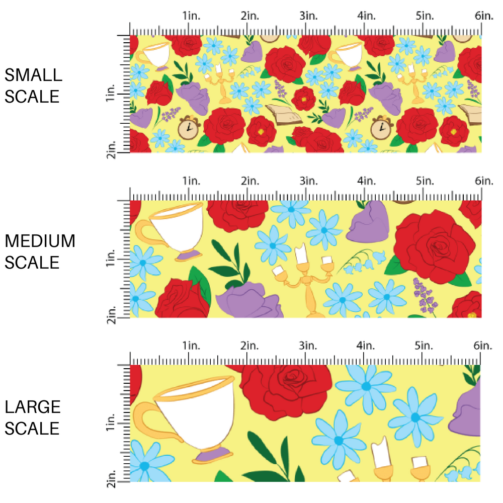 Yellow fabric by the yard scaled image guide with red roses, candles, tea cups, and floral designs.
