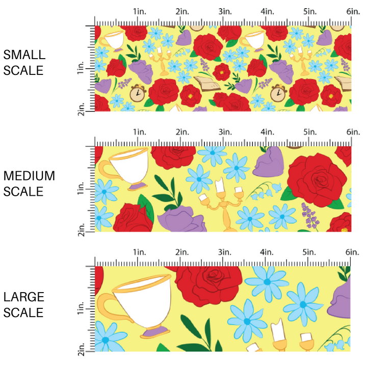 Yellow fabric by the yard scaled image guide with red roses, candles, tea cups, and floral designs.