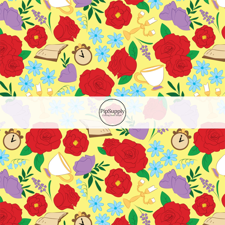 Yellow fabric by the yard with red roses, candles, tea cups, and floral designs.
