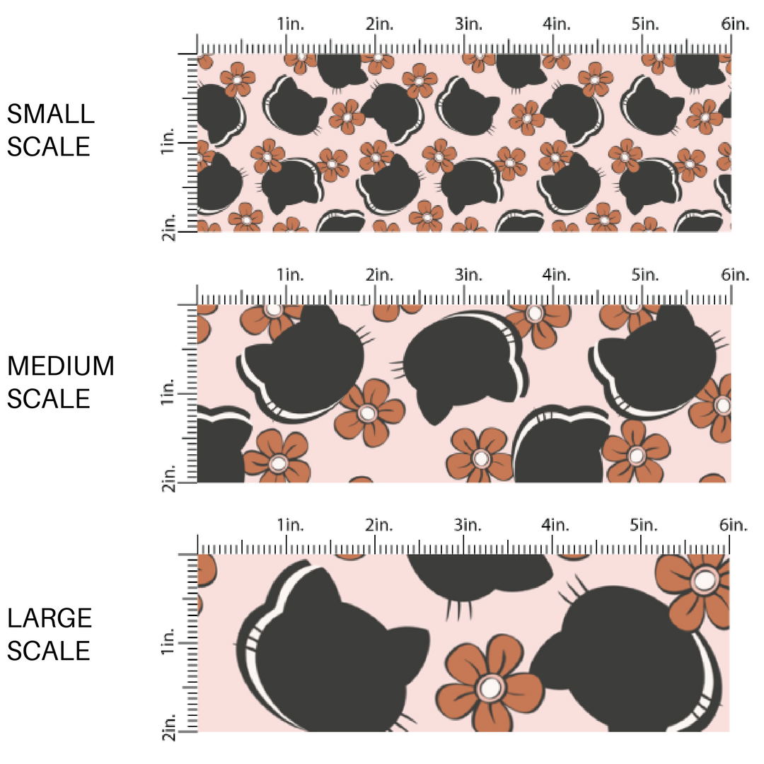 Light pink fabric by the yard scaled image guide with black cat silhouettes and rust orange flowers.