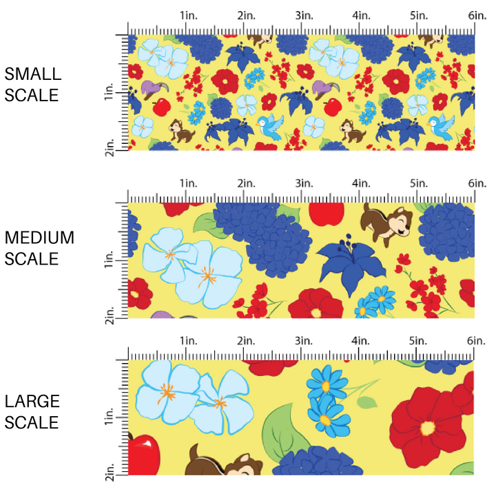 Yellow fabric by the yard scaled image guide with chipmunks, apples, and floral designs.