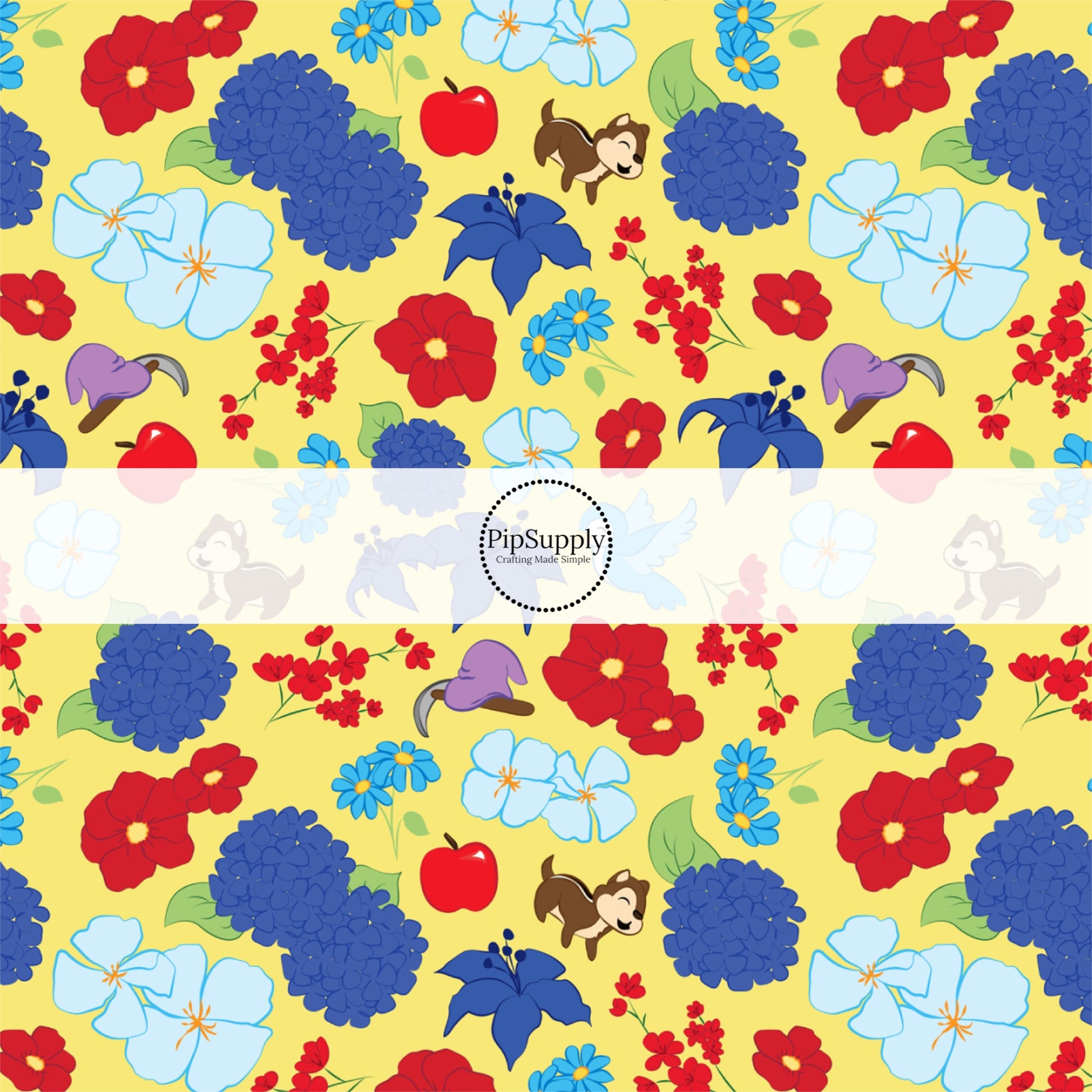 Yellow fabric by the yard with chipmunks, apples, and floral designs.