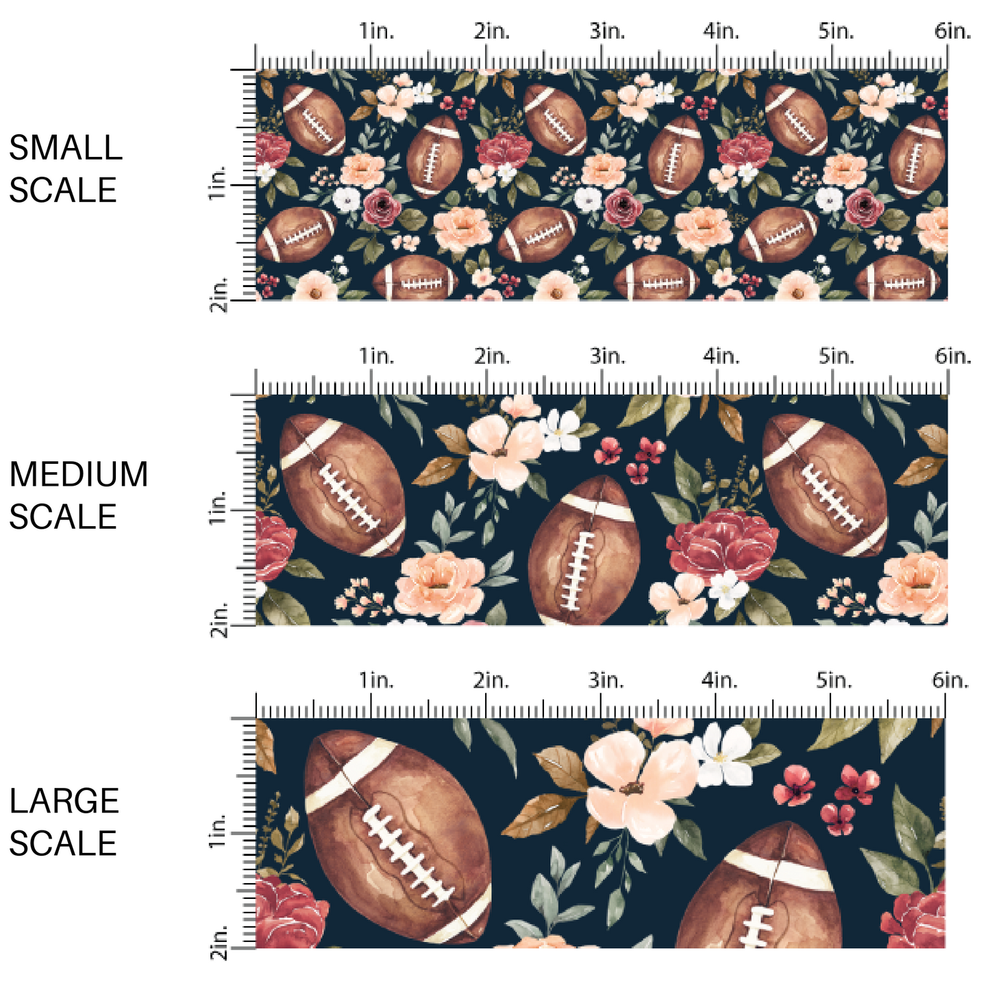 Navy blue fabric by the yard scaled image guide with florals and footballs.